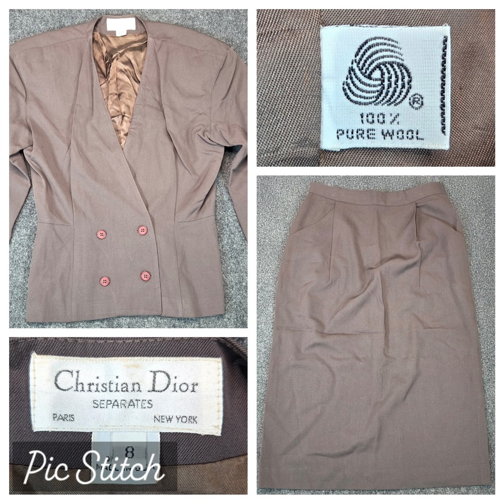 Vintage Christian Dior Suit Womens 8 Brown Wool Double Breasted